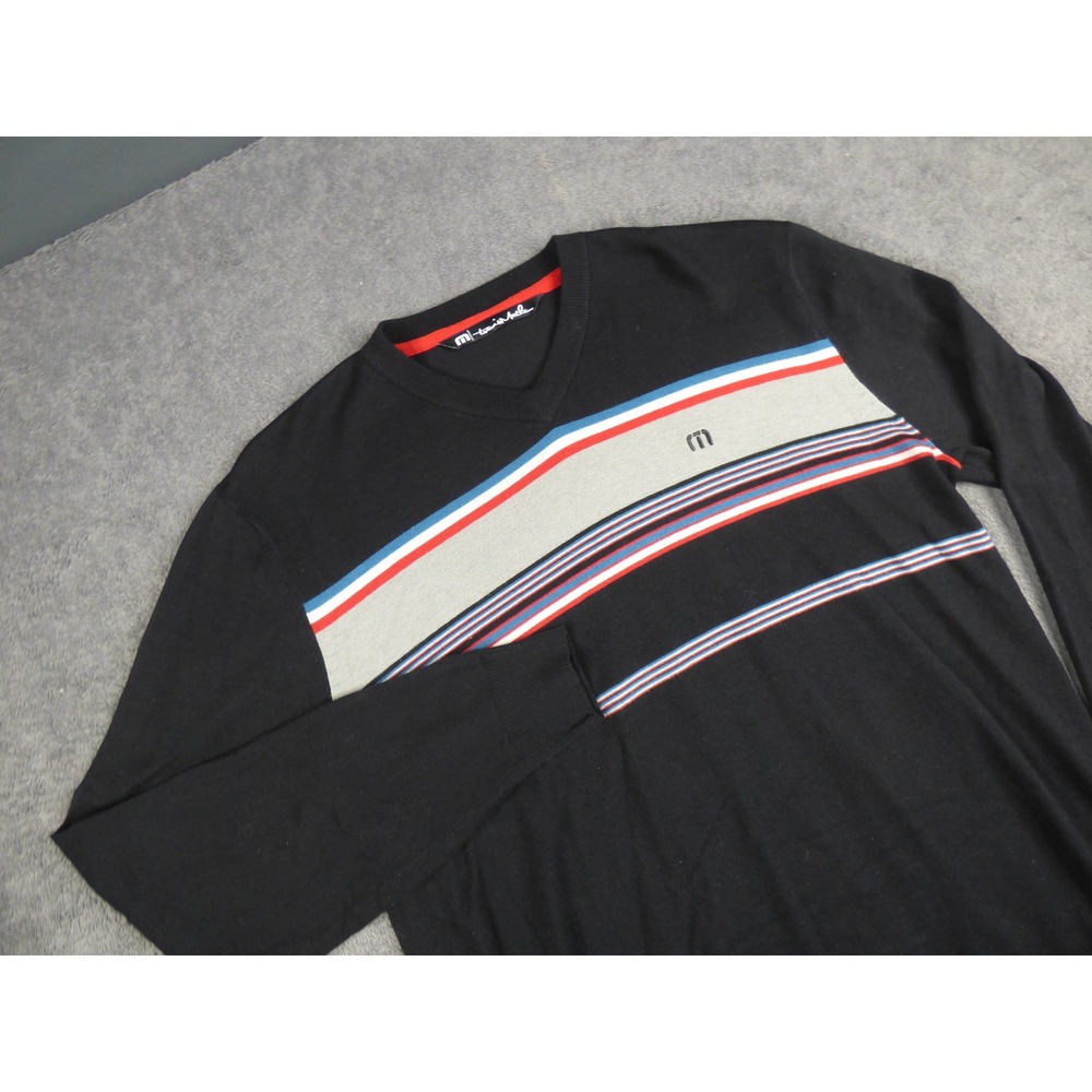 TravisMathew Mens V-Neck Sweater Black Multi-Color Chest Stripe‎ Knit Large